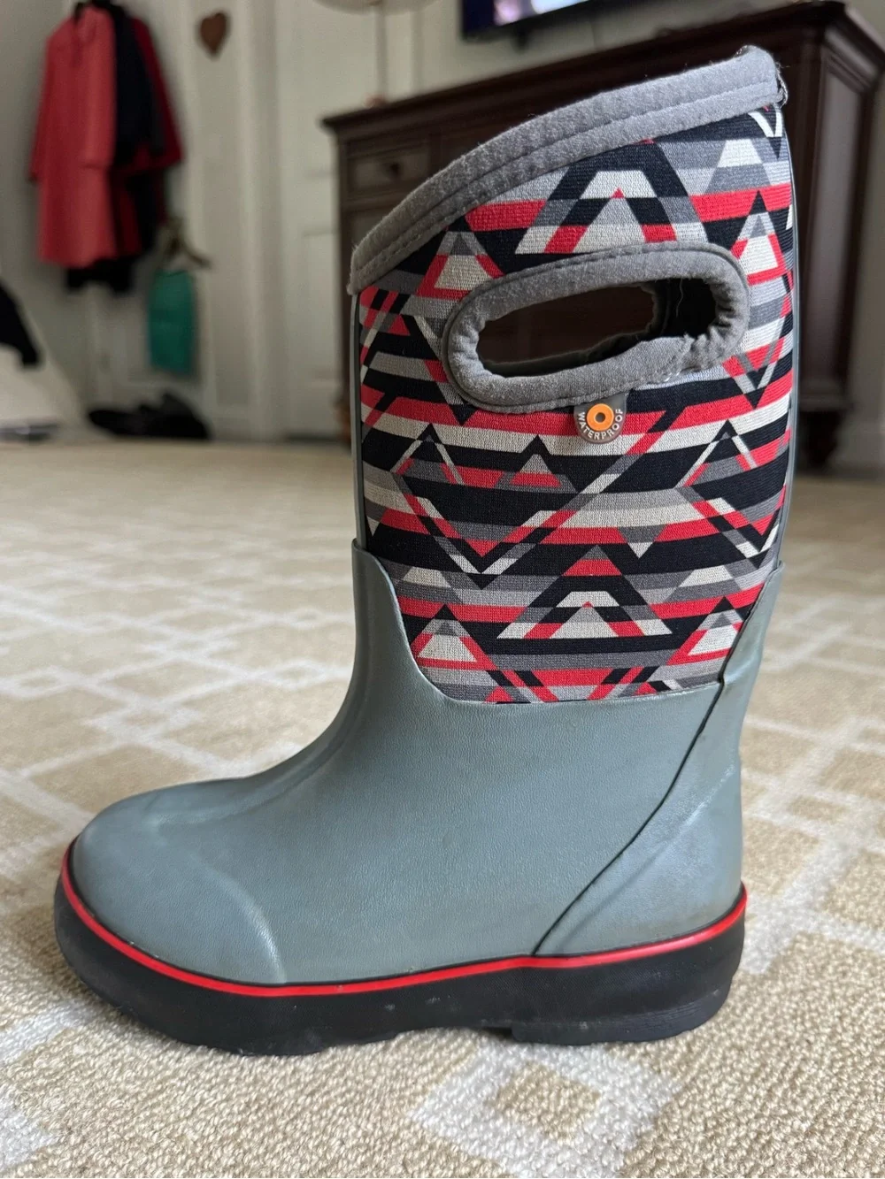BOGS Classic II Mid Geometric Waterproof Insulated Boots Gray Red Kids 13